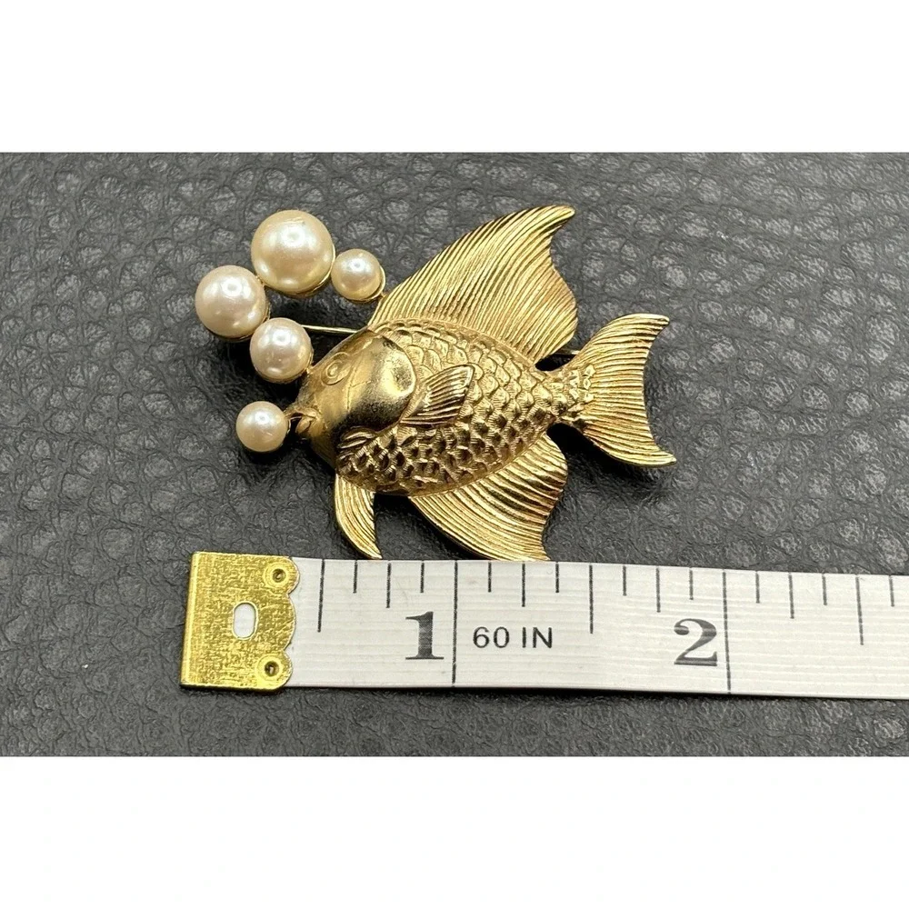 Vintage Fish Brooch Faux Pearl Bubbles Modernist Gold Tone Statement